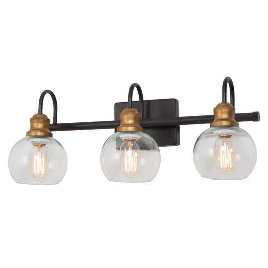 22 in. 3-Light Modern Aged Brass and Black Bathroom Vanity Light with Clear Glass Globe Shades