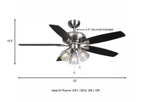 Rockport 52 in. Indoor LED Brushed Nickel Ceiling Fan with Light Kit, Downrod, and 5 Reversible Blades