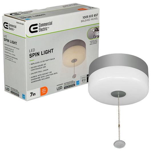 Commercial Electric Spin Light 7 in. Closet Light LED Flush Mount Ceiling Light W/ Pull Chain Brushed Nickel Accent Clothes Closet Rated