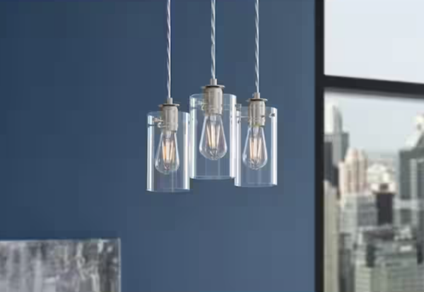 Hampton Bay Regan 3-Light Brushed Nickel Pendant Hanging Light with Clear Glass Shades, Industrial Kitchen Pendant Lighting