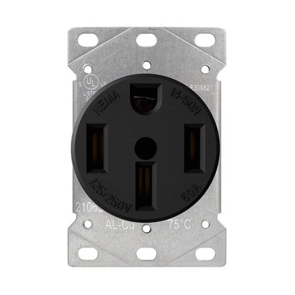 ELEGRP 50 Amp 125/250V  NEMA 14-50R Flush Mount Power Outlet  Straight Blade Range and Dryer Outlet Grounding  Black 2106S