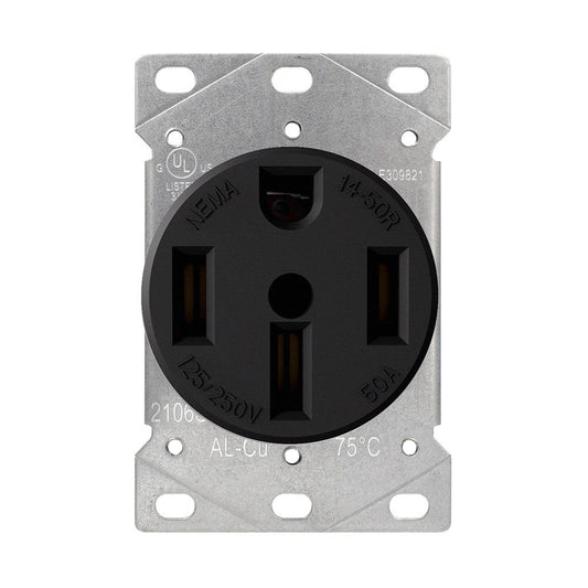 ELEGRP 50 Amp 125/250V  NEMA 14-50R Flush Mount Power Outlet  Straight Blade Range and Dryer Outlet Grounding  Black 2106S