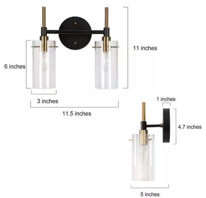 Modern 2-Light Brass Gold Bathroom Vanity Light, Black Vanity Light with Open Cylinder Clear Glass Shades Wall Light