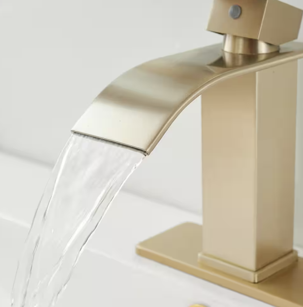 Waterfall Single Handle Single Hole Low-Arc Bathroom Faucet Bathroom Drip-Free Vanity Sink Faucet in Brushed Gold