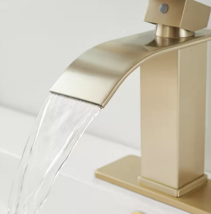 BWE Waterfall Single Handle Single Hole Low-Arc Bathroom Faucet Bathroom Drip-Free Vanity Sink Faucet in Brushed Gold