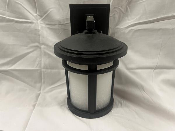 Wish Collection 1-Light Textured Black Etched White Linen Glass Craftsman Outdoor Small Wall Lantern Light