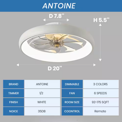 ANTOINE 20 in. LED Indoor White Bladeless App Control Low Profile Ceiling Fan with Light Semi Flush Mount Bedroom Lighting