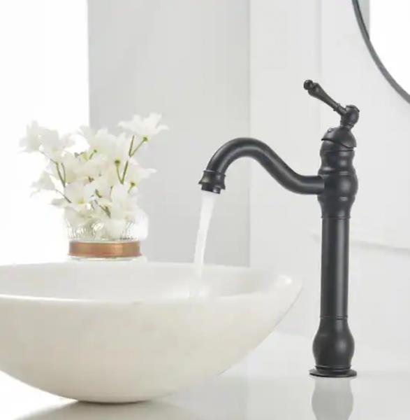 Single Hole Single Handle Bathroom Vessel Sink Faucet with Pop-up Drain Assembly in Matte Black