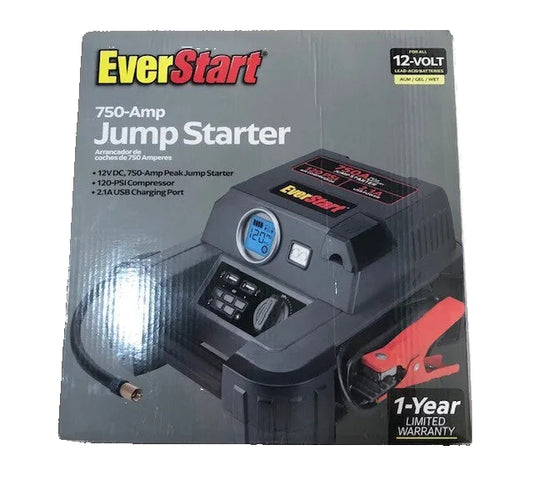 EverStart 750A Jump Starter with Reverse Polarity Alarm, 120 PSI Digital Compressor, Clamps Included