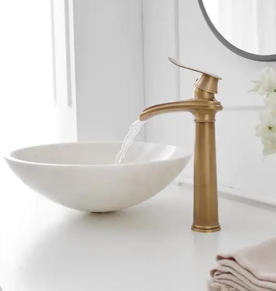 Waterfall Single Hole Single Handle Bathroom Vessel Sink Faucet with Pop-up Drain Assembly in Antique Brass