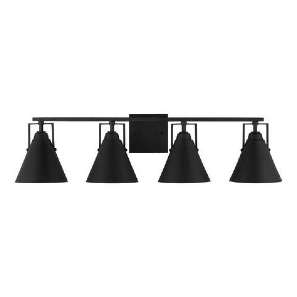 Home Decorators Collection Insdale 4-Light Matte Black Modern Industrial Bathroom Vanity Light with Black Metal Shades