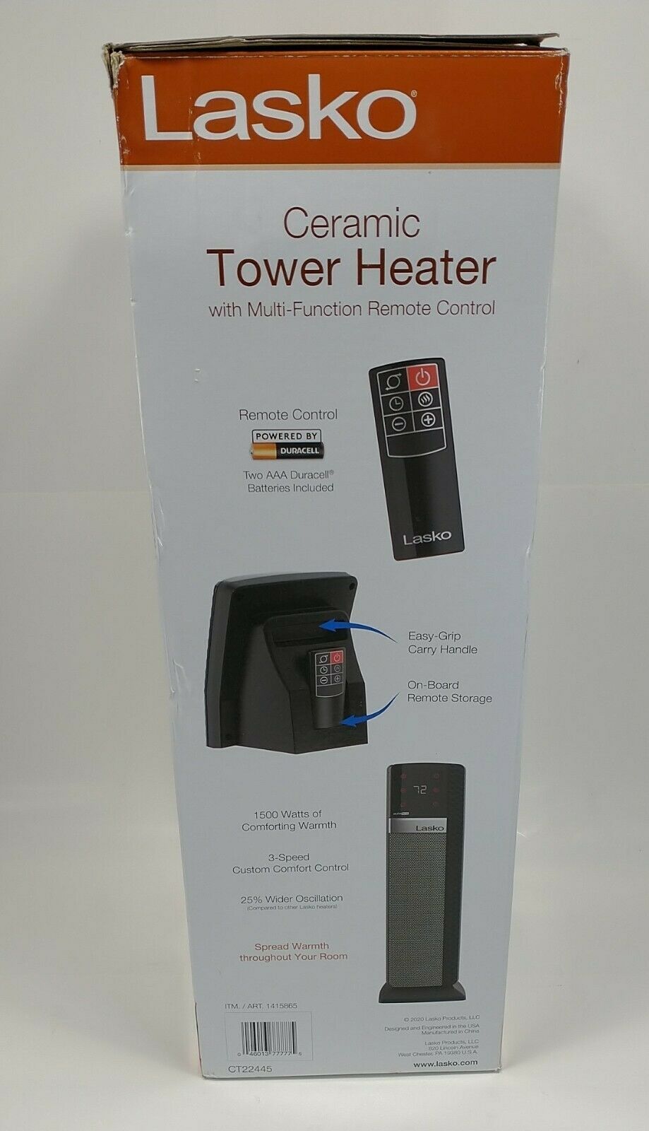 Lasko 22” Elite Collection Ceramic Tower Space Heater with Remote  CT22445  Black  8.5” L  New