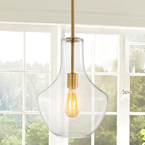 Watts 10.5 in. 1-Light Brass Gold/Clear Mid-Century Modern Iron/Glass LED Schoolhouse Pendant