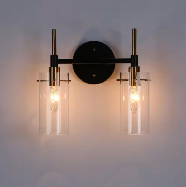 Modern 2-Light Brass Gold Bathroom Vanity Light, Black Vanity Light with Open Cylinder Clear Glass Shades Wall Light