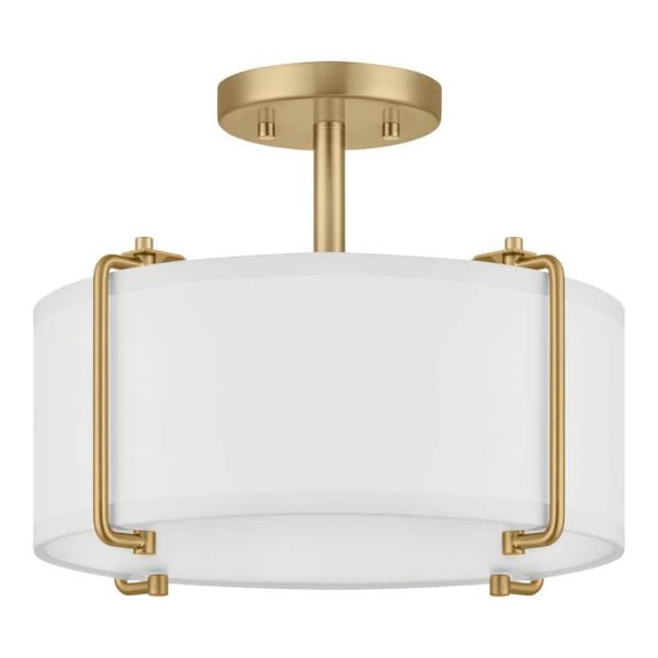 Brookley 14 in. 2-Light Brushed Gold Semi-Flush Mount with White Fabric Shade