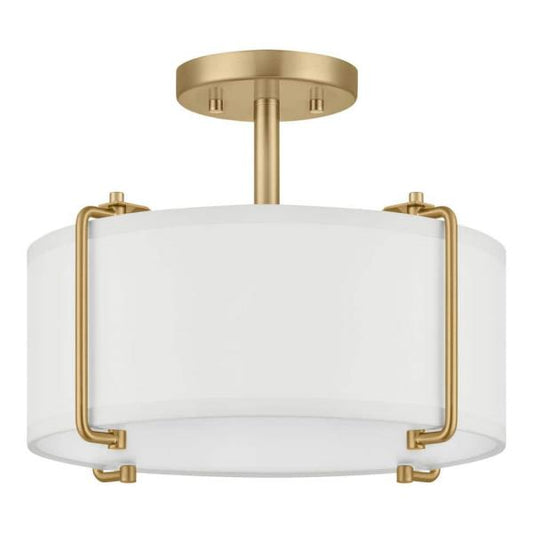 Brookley 14 in. 2-Light Brushed Gold Semi-Flush Mount with White Fabric Shade