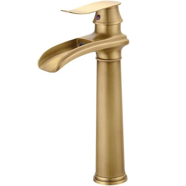 Waterfall Single Hole Single Handle Bathroom Vessel Sink Faucet with Pop-up Drain Assembly in Antique Brass