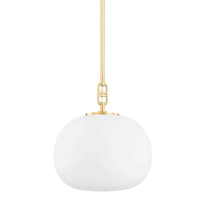 Ingels 1-Light Elliptical-Shaped Aged Brass w/ Opal Matte Glass Shade Pendant