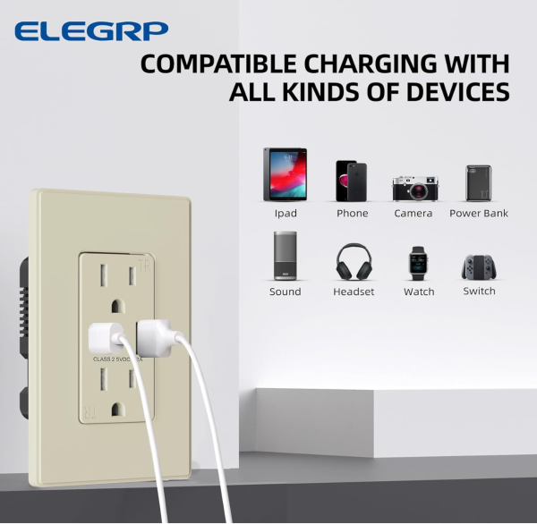 ELEGRP USB Charger Wall Outlet, USB Receptacle with USB A & USB C Ports, 15 Amp Duplex Tamper Resistant Receptacle Plug NEMA 5-15R, Wall Plate Included, UL Listed, 1 Pack, Matte Light Almond