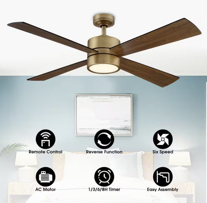 52 in. Indoor Natural Brass Ceiling Fan with Warm White Integrated LED and Remote Control