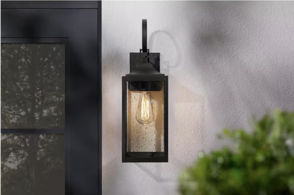 Home Decorators Collection Havenridge 19 in. 1-Light Matte Black Hardwired Outdoor Wall Lantern Sconce with Seeded Glass (1-Pack)