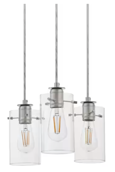 Hampton Bay Regan 3-Light Brushed Nickel Pendant Hanging Light with Clear Glass Shades, Industrial Kitchen Pendant Lighting