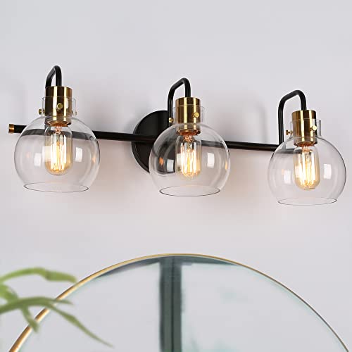 ZEVNI Modern Bathroom Vanity Light, 3-Light Black Gold Vanity Light Fixture, Bathroom Light Fixtures Over Mirror with Globes Clear Glass Shades, 23" x 8" x 8"