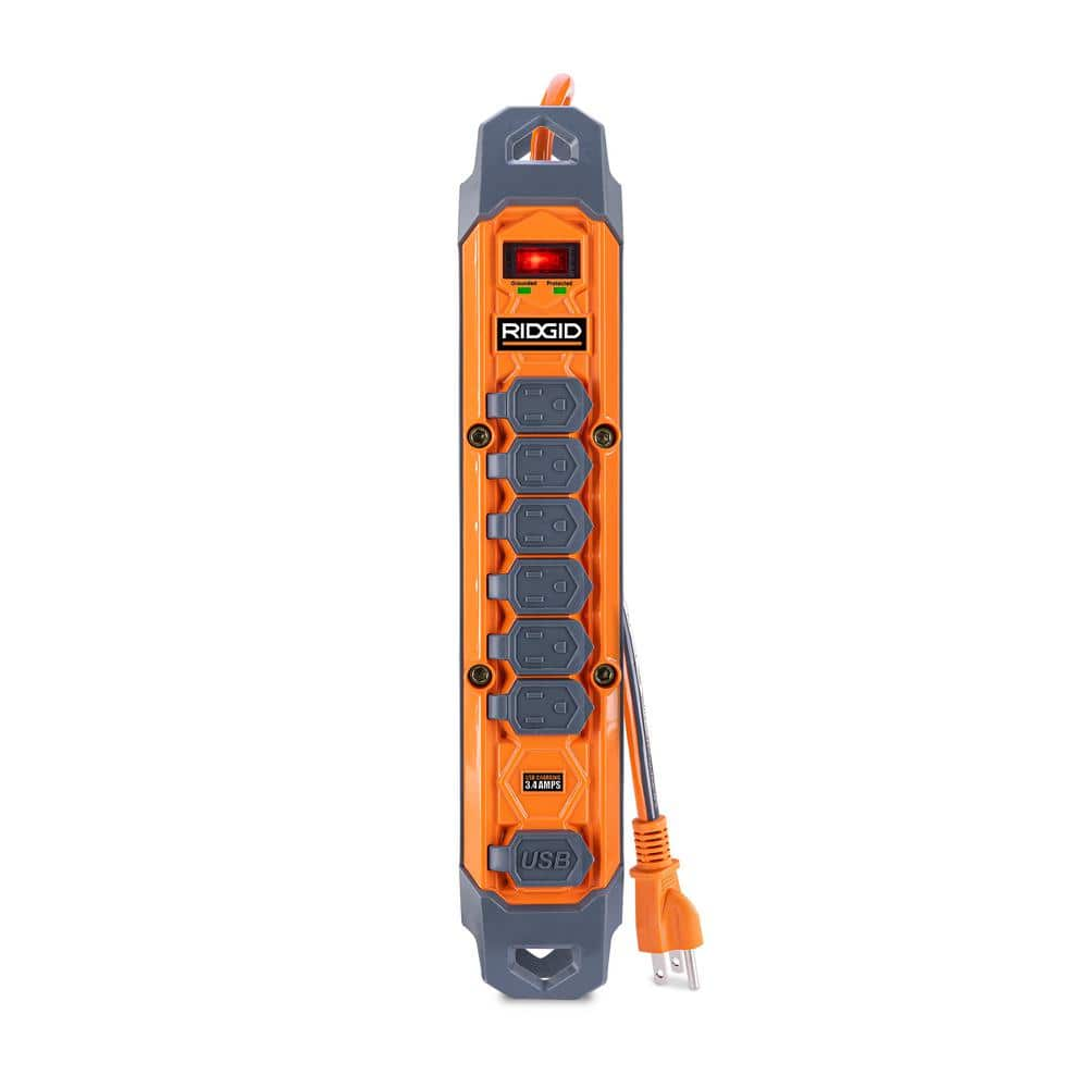 RIDGID 8 Ft. Cord 6-Outlet, 2.4 Amp USB-a, 15-Watt USB-C, 2100J Surge Protector, Orange