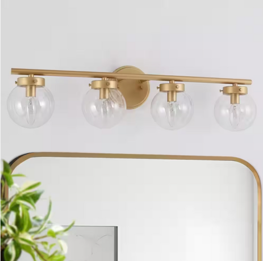 Uolfin Farmhouse Gold Bathroom Vanity Light, 28 in. 4-Light Wall Sconce Light with Clear Glass Shades