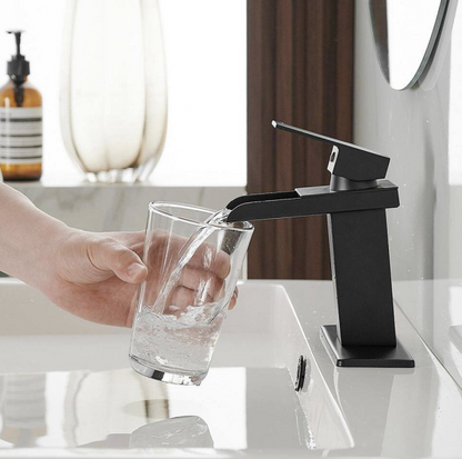 BWE Waterfall Single Hole Single-Handle Low-Arc Bathroom Faucet With Pop-up Drain Assembly in Matte Black