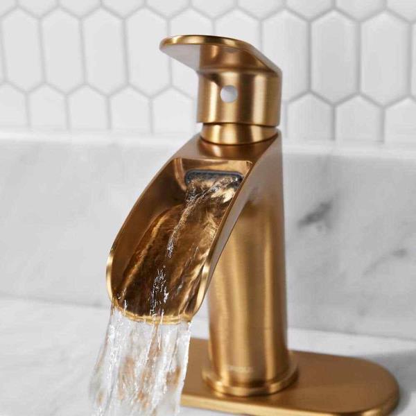 Waterfall Single Handle Bathroom Faucet with Metal Pop-up Drain, Bathroom Sink Faucet Gold in Bathroom