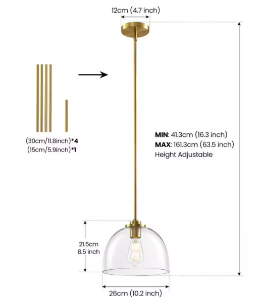 1-Light Gold Shaded Pendant Light with Transparent Glass Shade, Pendant Lighting Fixture for Kitchen Island