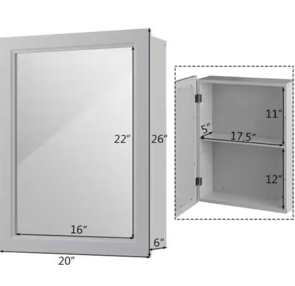 20 in. W X 6 in. D X 26 in. H Mirrored Medicine Wall-Mounted Cabinet Bathroom Storage Organizer with Shelf in Grey