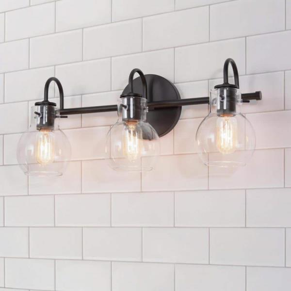 Modern Industrial 22 in. 3-Light Black Bathroom Vanity Light Wall Sconce with Clear Globe Glass Shades