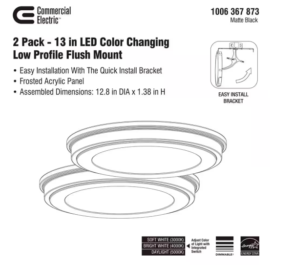 Commercial Electric 13 in. Matte Black 3-CCT LED Round Flush Mount, Low Profile Ceiling Light (2-Pack)