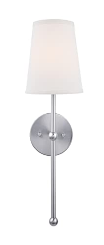 Finley 1-Light Wall Sconce w/ White Fabric Shade in Brushed Nickel for Bedroom, Bathroom, Hallway Entry, and Fireplace