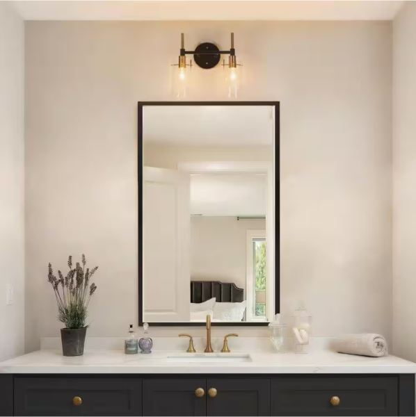 Modern 2-Light Brass Gold Bathroom Vanity Light, Black Vanity Light with Open Cylinder Clear Glass Shades Wall Light