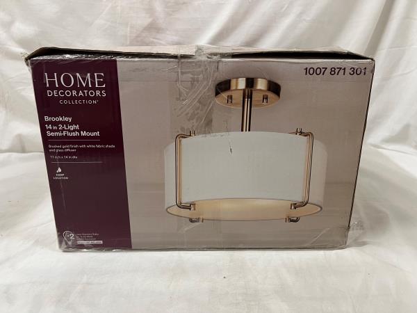 Brookley 14 in. 2-Light Brushed Gold Semi-Flush Mount with White Fabric Shade