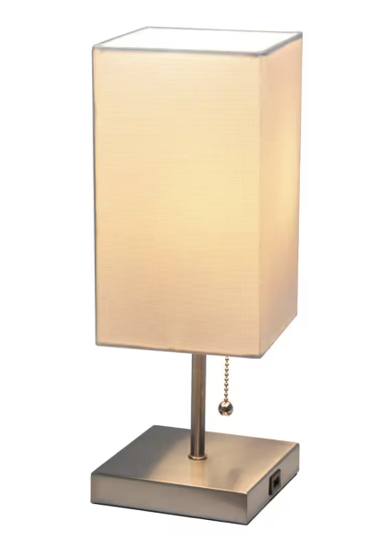 Simple Designs 14.25 in. Brushed Nickel Petite Stick Lamp with USB Charging Port and White Fabric Shade