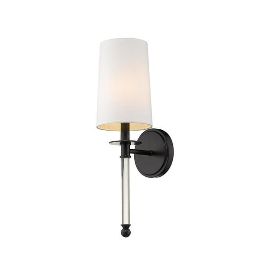 1-Light Matte Black Wall Sconce with White Fabric Shade