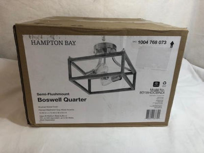 Hampton Bay Boswell Brushed Nickel Farmhouse Semi-Flush Mount Light with Painted Weathered Gray Wood Accents