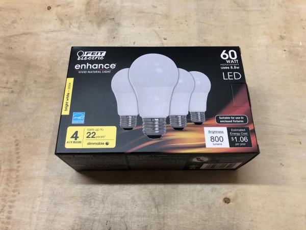 4-Pk of Feit Electric 8.8 Watt (60W Replace) 800 Lumen A19 Dimmable LED -Bright White 3K E-26 Med Base 4-Pk