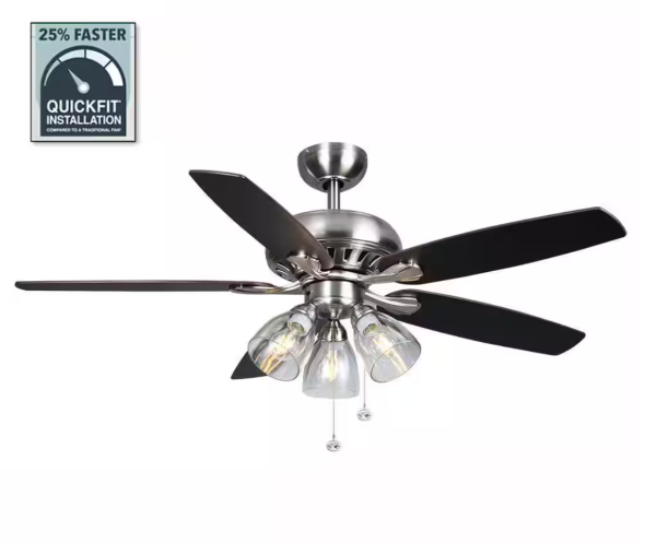 Rockport 52 in. Indoor LED Brushed Nickel Ceiling Fan with Light Kit, Downrod, and 5 Reversible Blades