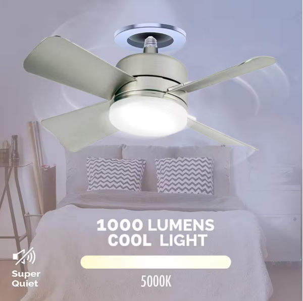 Socket Fan Ceiling Fan Light 15 Inches Fan 1000 Lumens Light 3 Speeds with Remote Control 4 Blade Ceiling Fan Light Silver