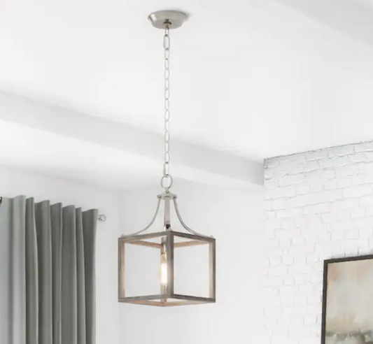 Hampton Bay Boswell Quarter 1-Light Brushed Nickel Mini-Pendant with Weathered Wood Accents