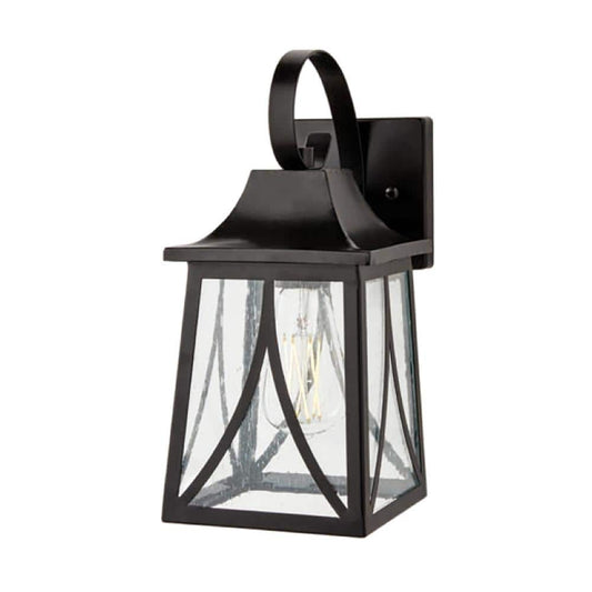 Hampton Bay Drackert 13 in. 1-Light Flat Black Hardwired Outdoor Wall Lantern Sconce with Seedy Glass