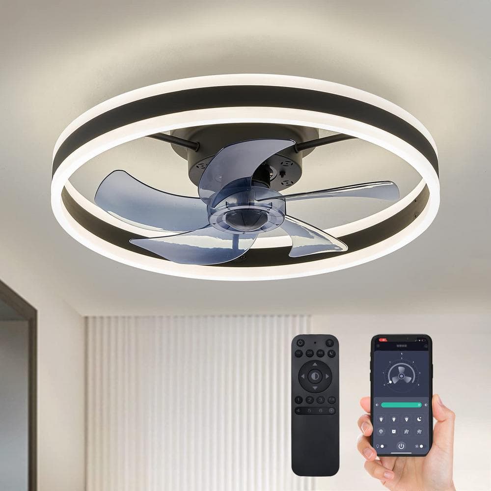 ANTOINE 20 in. Black Low Profile Flush Mount LED with Remote and APP Smart Control Indoor Ceiling Fan with Dimmable Lighting