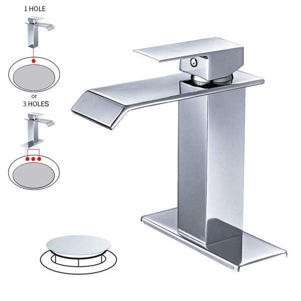 BWE Waterfall 1 Hole Single-Handle Low-Arc Bathroom Faucet in Polished Chrome