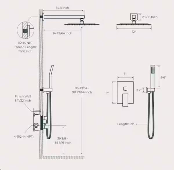 androme 12 in. 2-Jet High-Pressure Mixer Set Rainfall Shower System W/Wall Mount Handheld Shower in Matte Black (Valve Included)