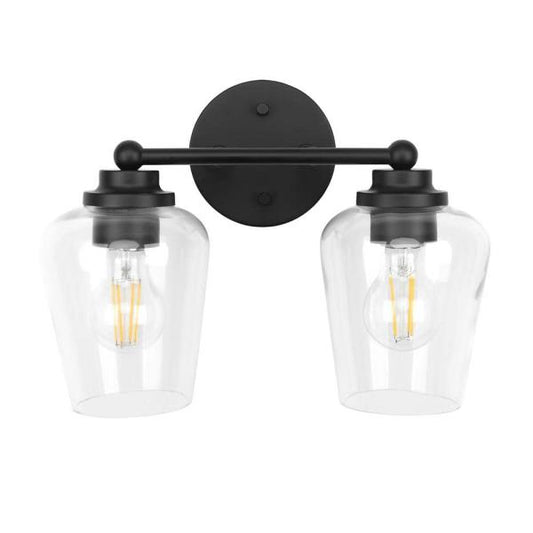 13 in. W 2-Light Matte Black Mid-Century Modern Indoor Vanity Light with Clear Glass Shade